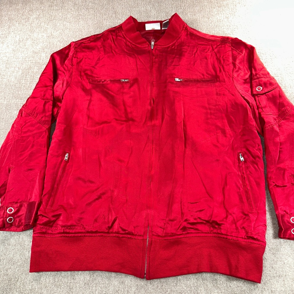 Chicos Design Red 100% Silk Bomber Jacket Utility Zip Up Size 2 Large